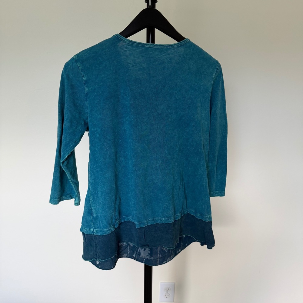Jess & Jane Womens Teal Blue Bird Floral 3/4 Sleeve Cotton Top M M48-000 - Picture 3 of 8